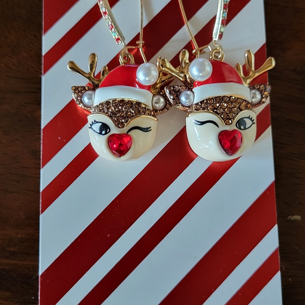 BETSEY JOHNSON Festive Reindeer Earrings with Red and Gold Accents